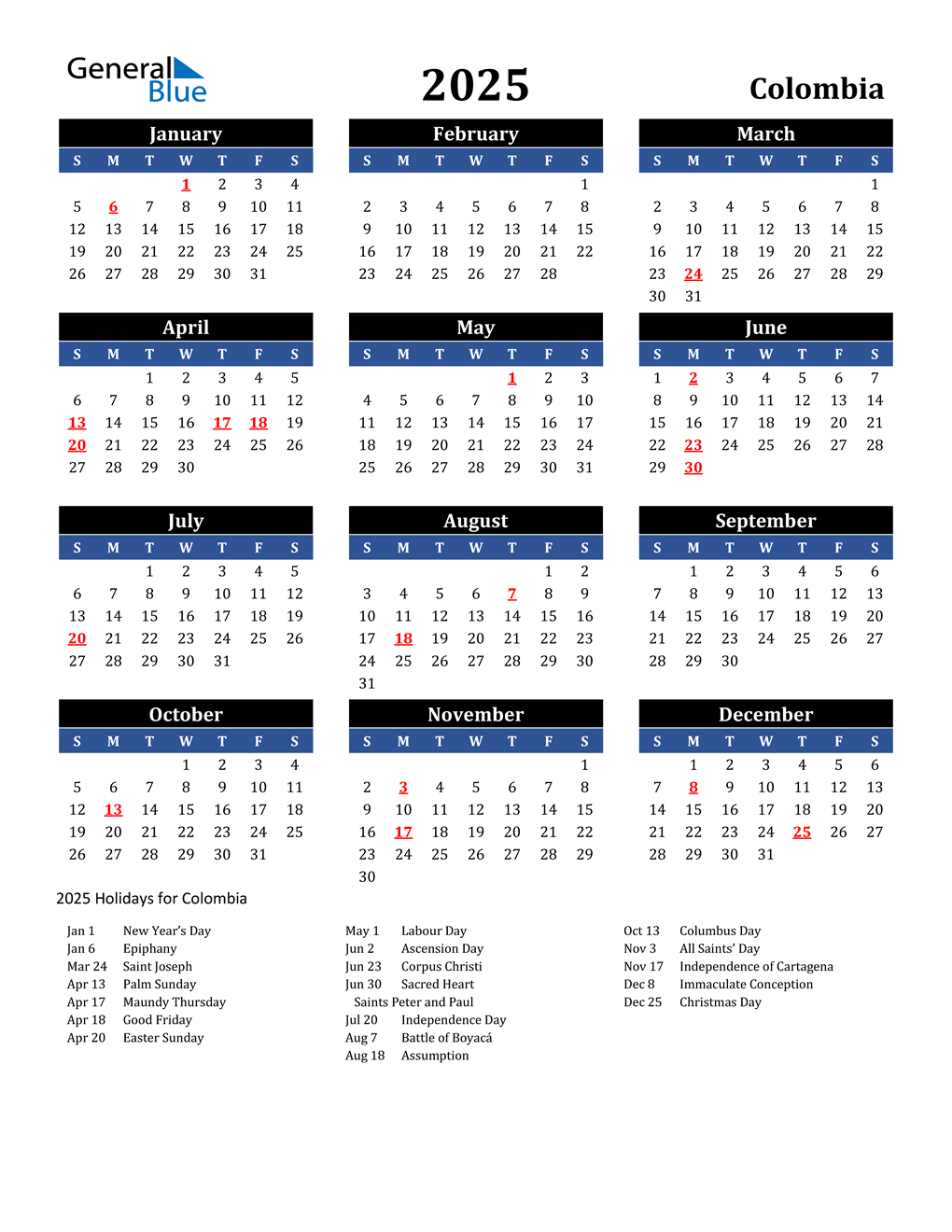 2025 Colombia Calendar with Holidays