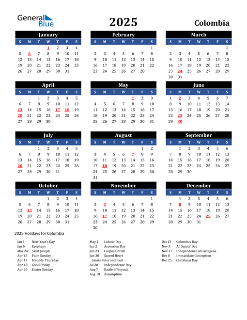 2025 Colombia Calendar with Holidays