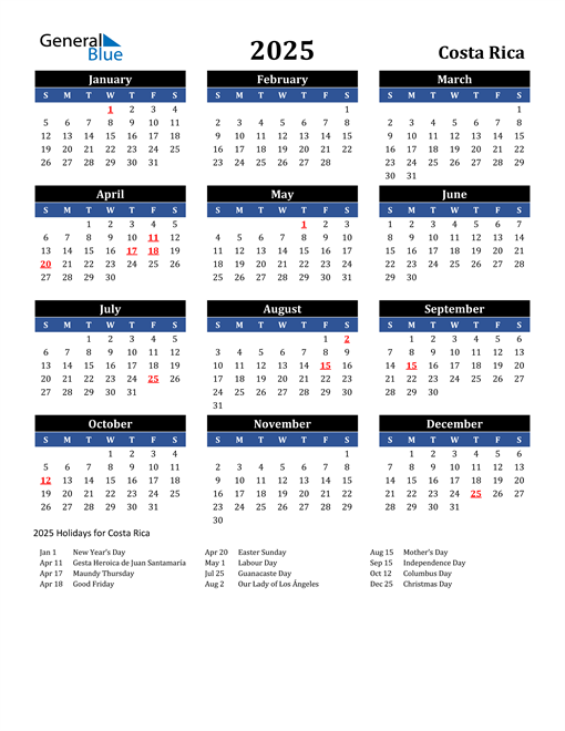 2025 Costa Rica Free Calendar