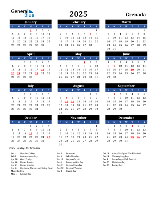 2025 Grenada Free Calendar