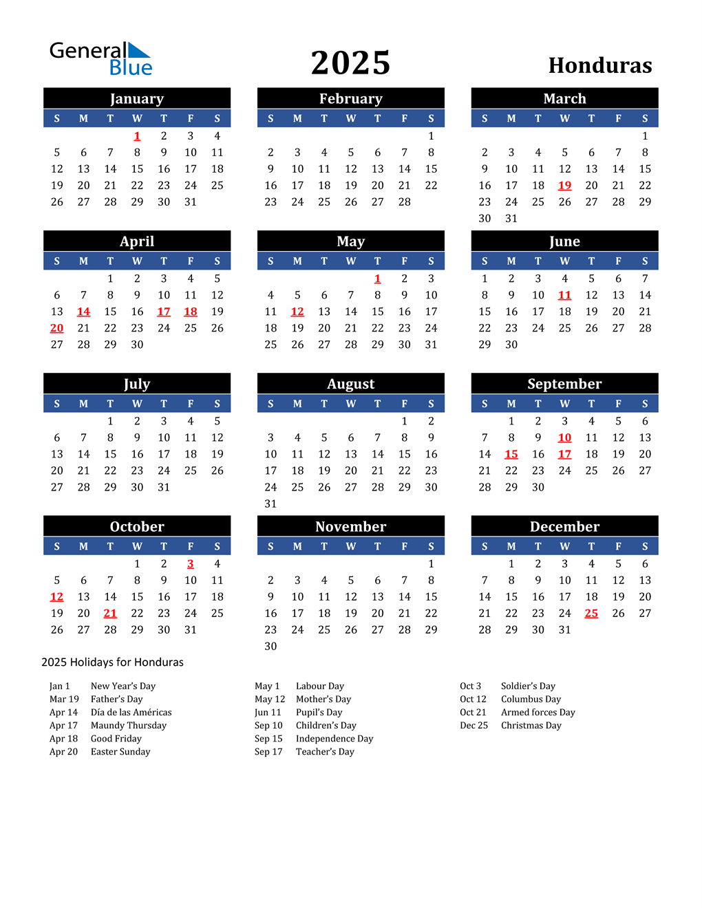 2025 Honduras Calendar with Holidays