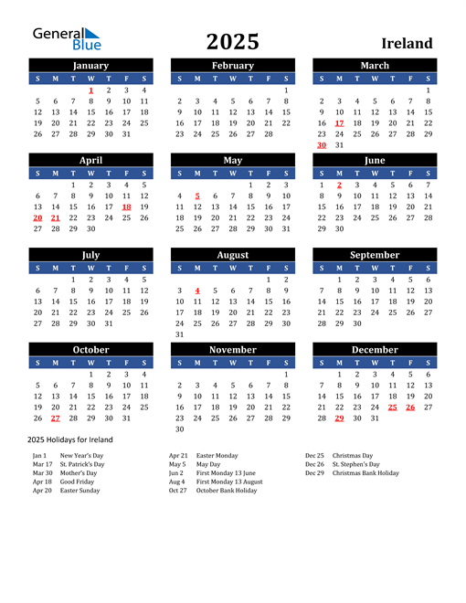 2025 Ireland Calendar with Holidays