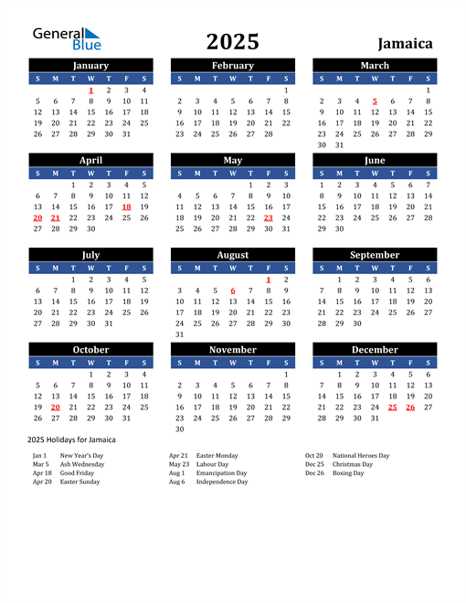 2025 Jamaica Free Calendar