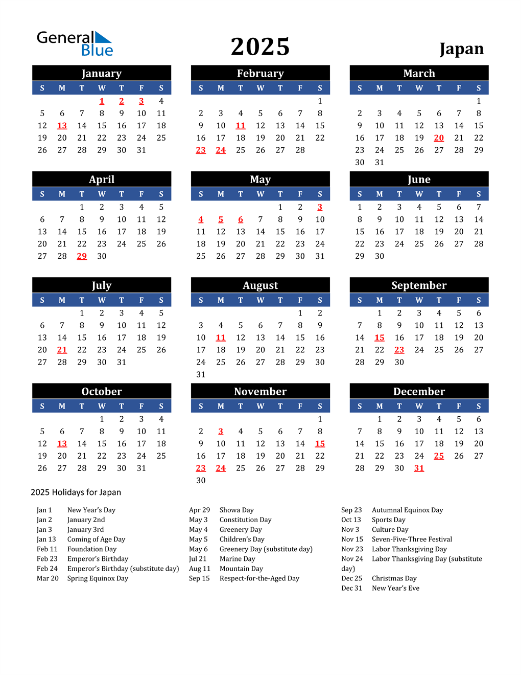 2025 Japan Calendar with Holidays