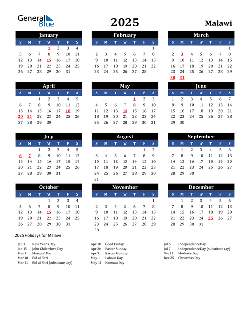 2025 Malawi Free Calendar