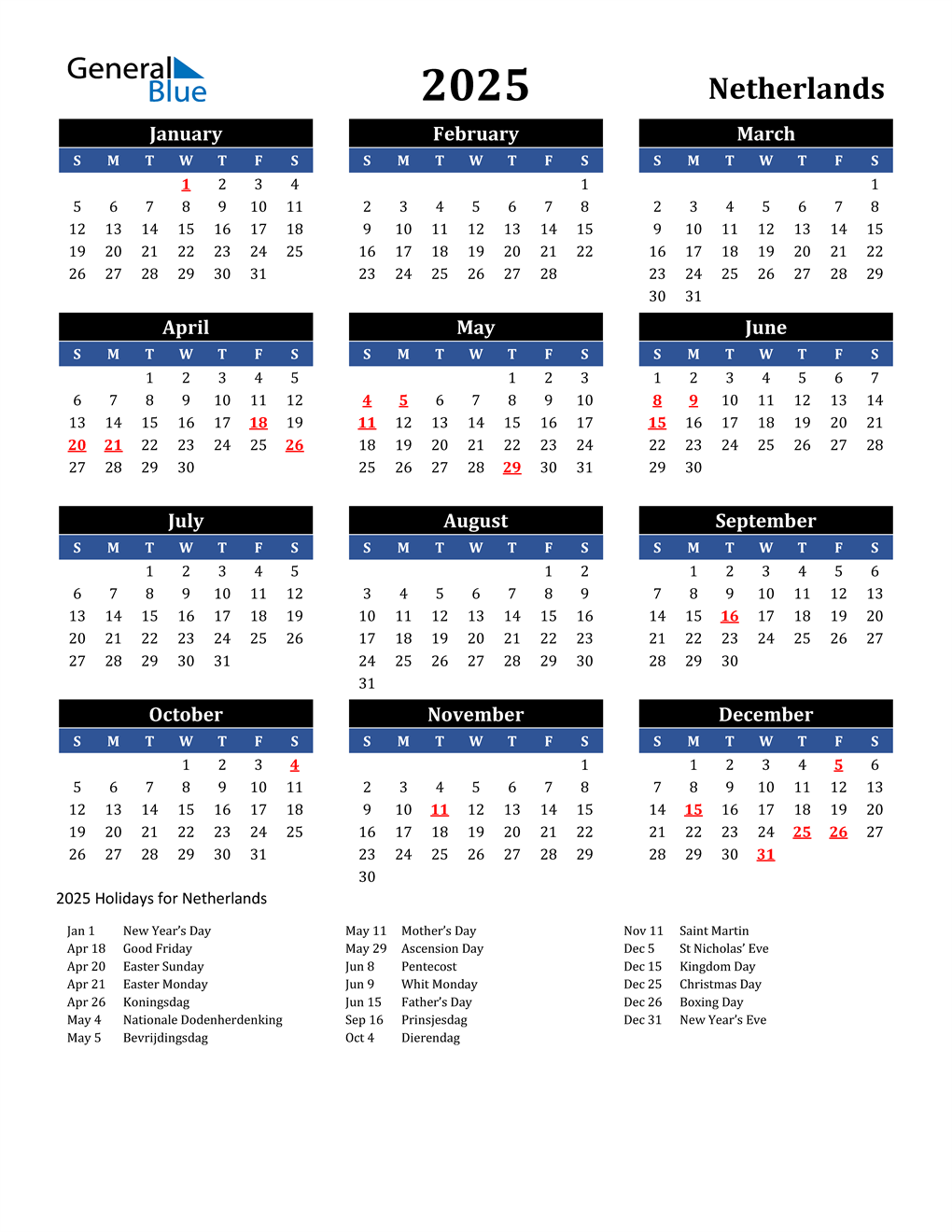 Netherlands Calendar 2025 