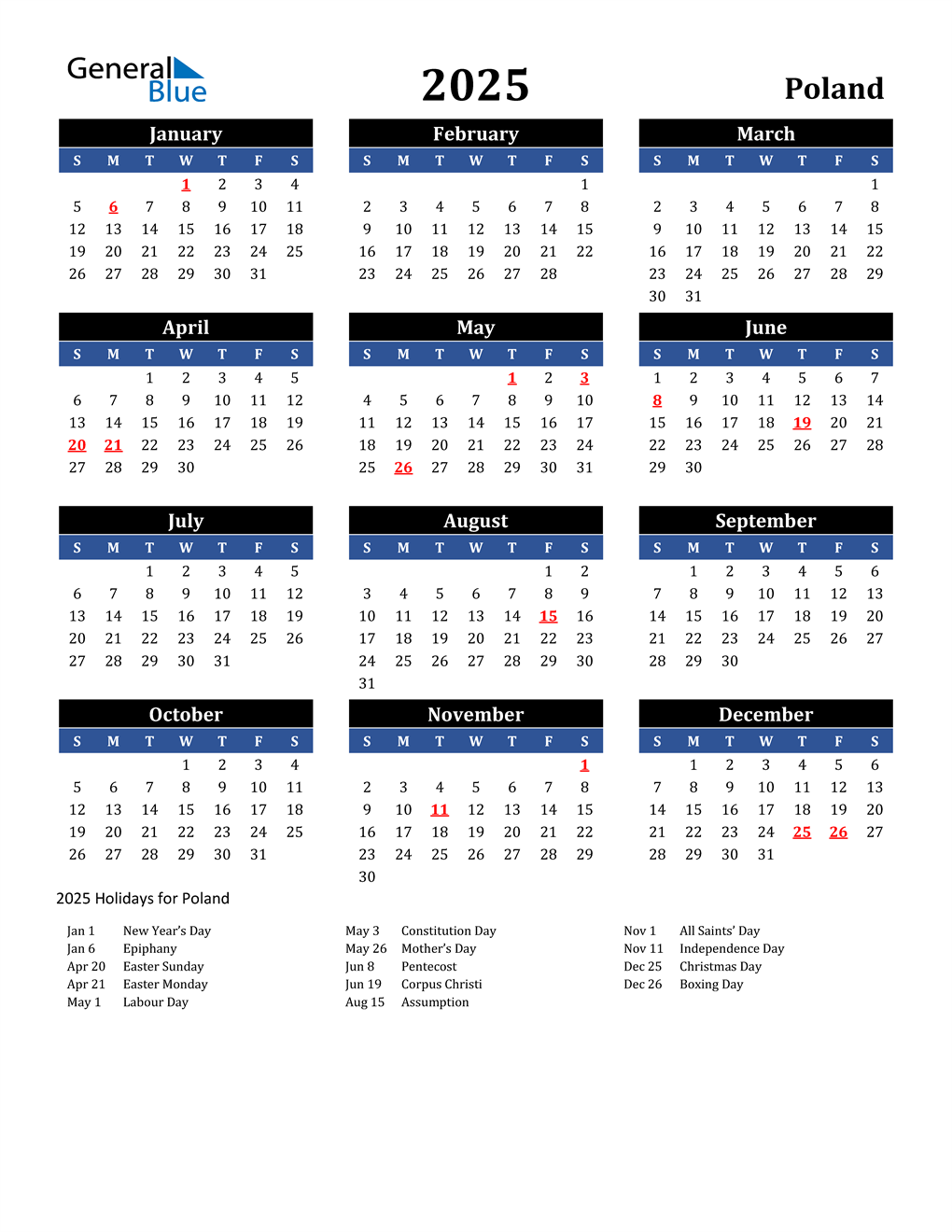 2025 Poland Calendar with Holidays