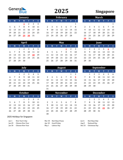 Calendar 2025 With Holidays Singapore 