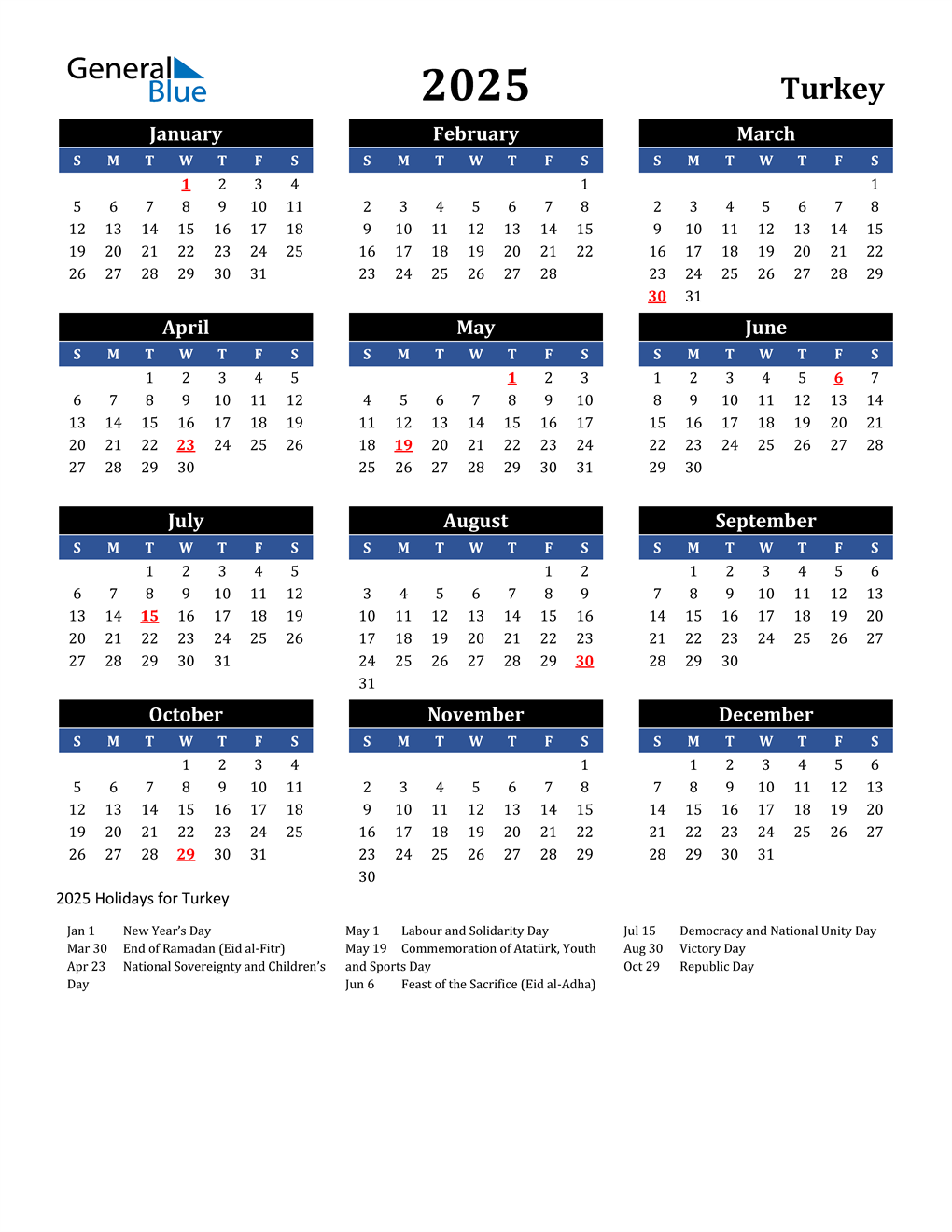 2025 Turkey Calendar with Holidays