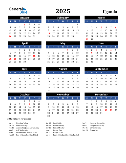 2025 Uganda Free Calendar