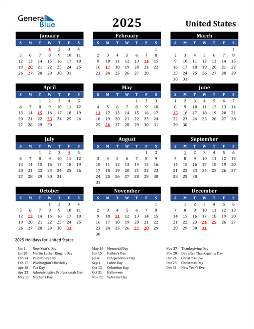 2025 United States Free Calendar