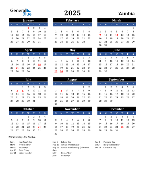 2025 Zambia Calendar with Holidays