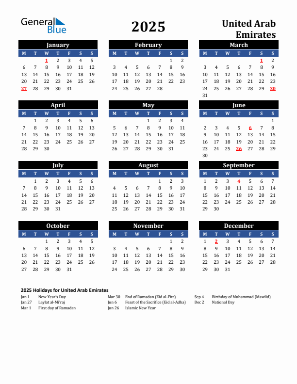 2025 United Arab Emirates Holiday Calendar