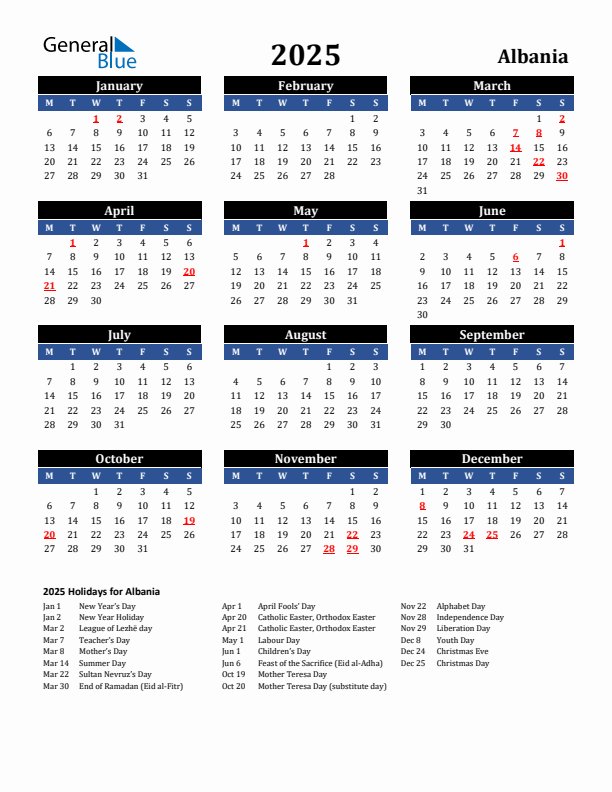 2025 Albania Holiday Calendar