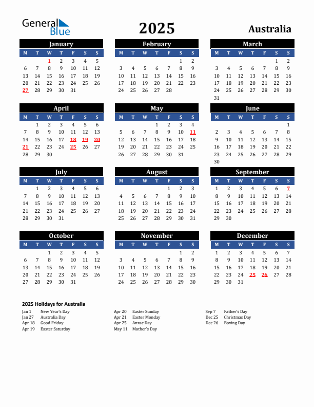2025 Australia Holiday Calendar