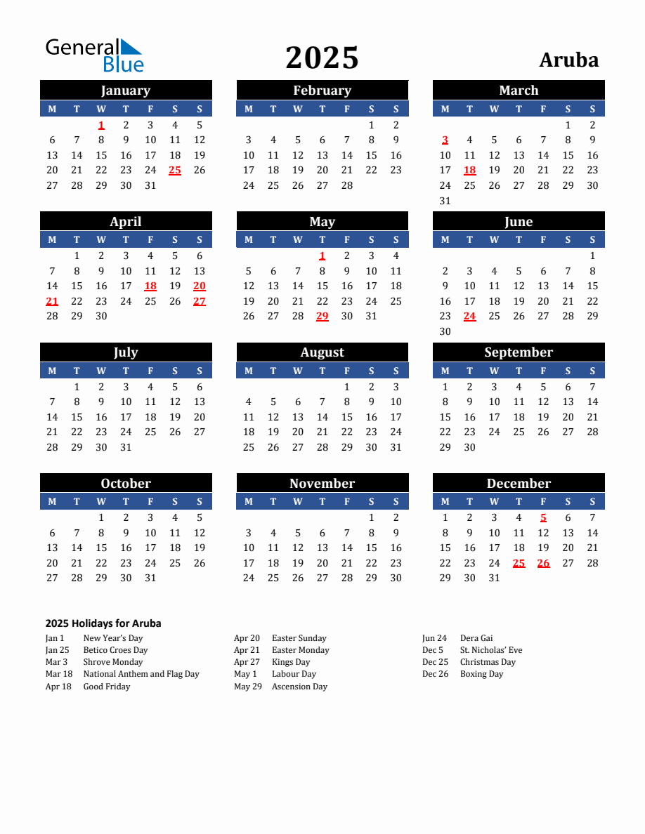 2025 Aruba Holiday Calendar