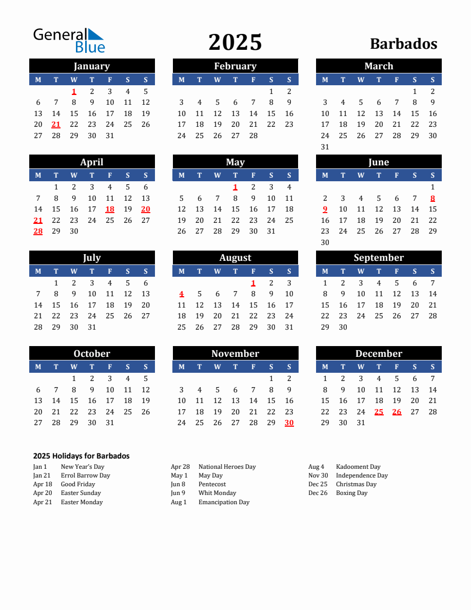 2025 Barbados Holiday Calendar