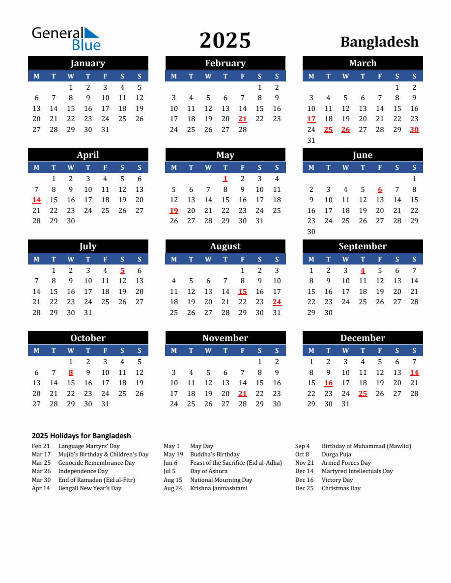 2025 Bangladesh Holiday Calendar