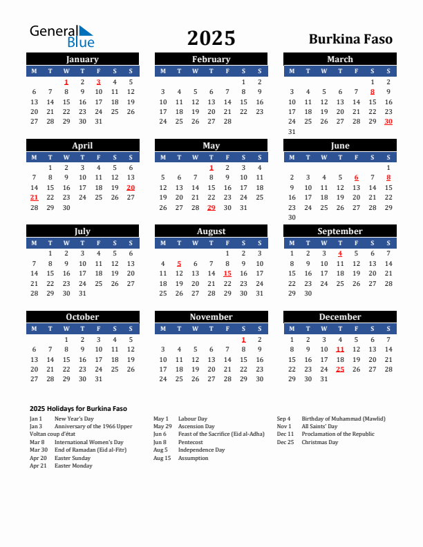 2025 Burkina Faso Holiday Calendar