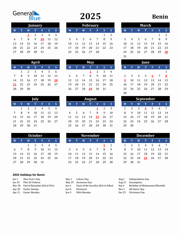 2025 Benin Holiday Calendar