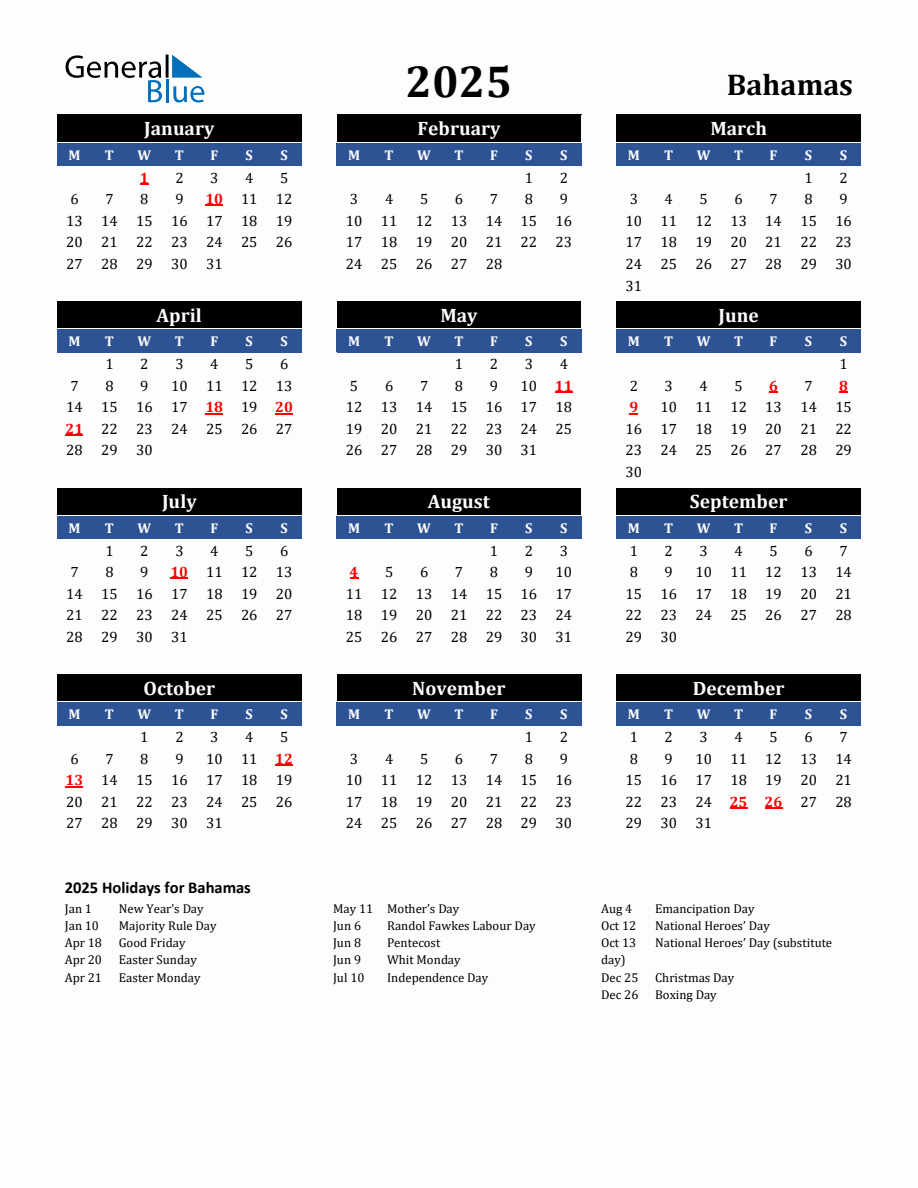 2025 Bahamas Holiday Calendar