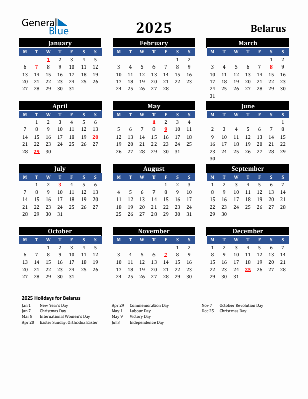 2025 Belarus Holiday Calendar