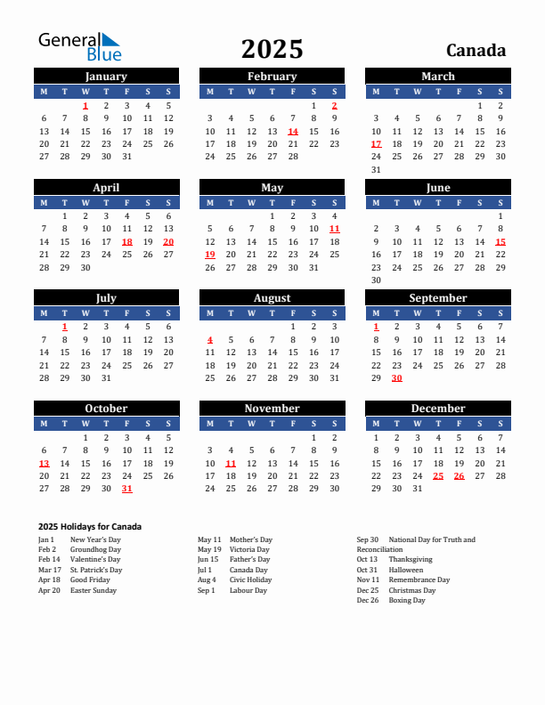 2025 Canada Calendar With Holidays