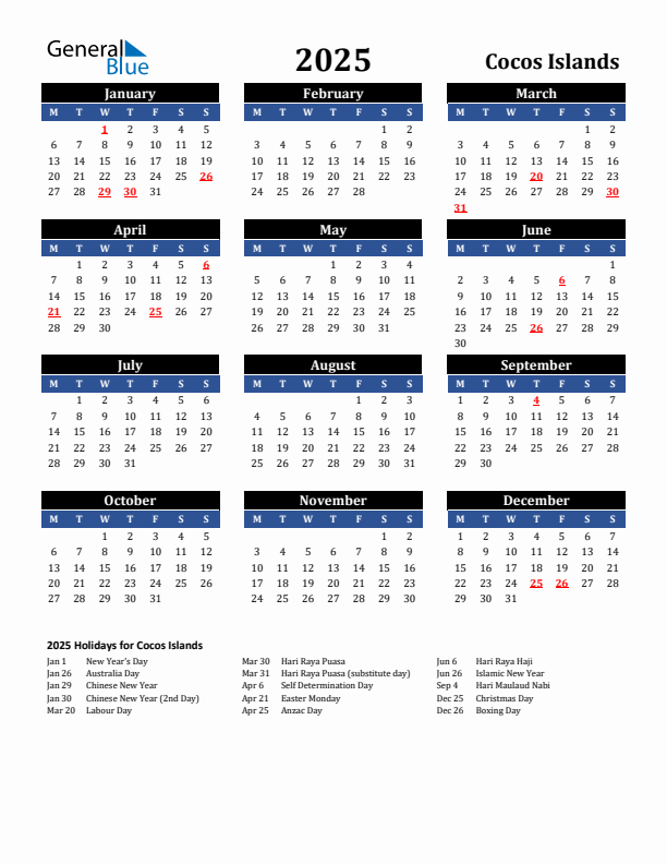2025 Cocos Islands Holiday Calendar