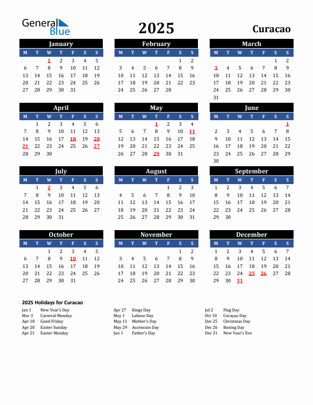 2025 Curacao Holiday Calendar