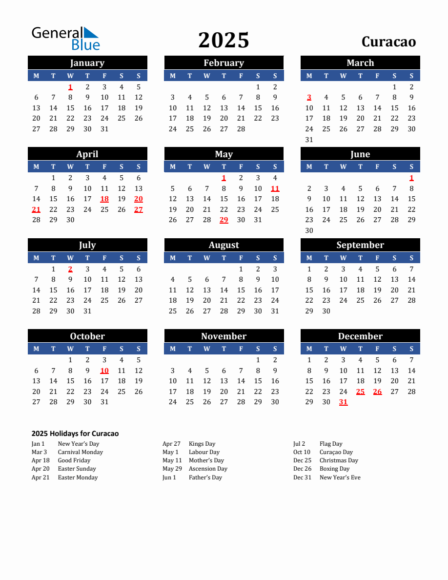 2025 Curacao Holiday Calendar