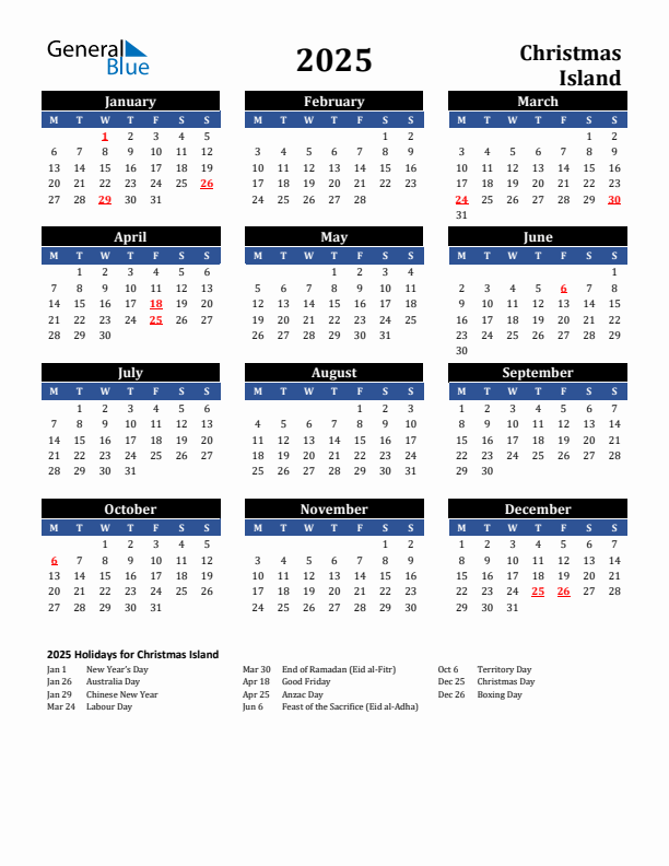 2025 Holiday Calendar for Christmas Island Monday Start
