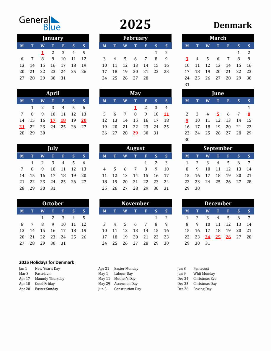 2025 Denmark Holiday Calendar