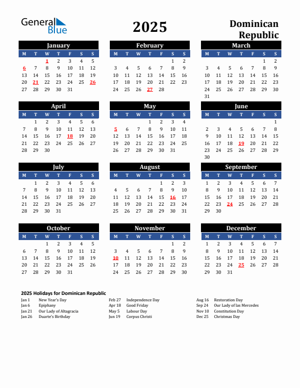 2025 Dominican Republic Calendar with Holidays