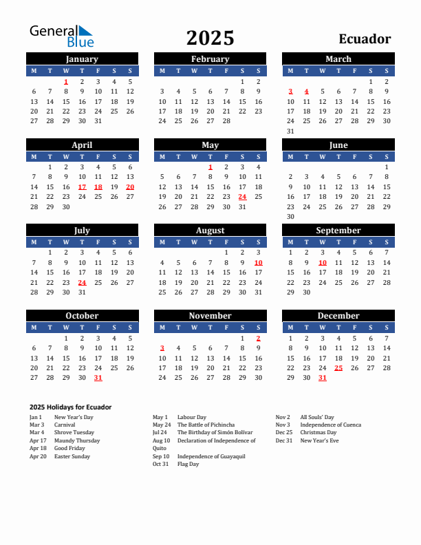 2025 Ecuador Holiday Calendar