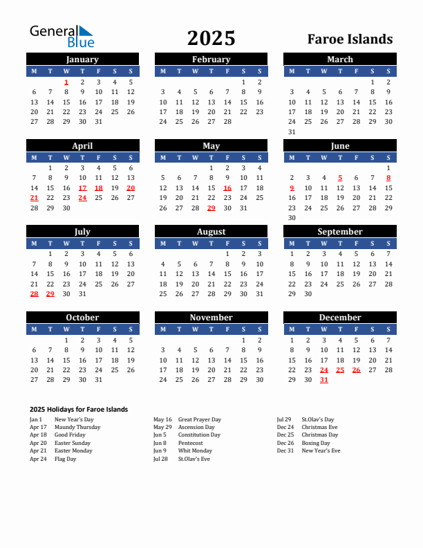 2025 Faroe Islands Holiday Calendar