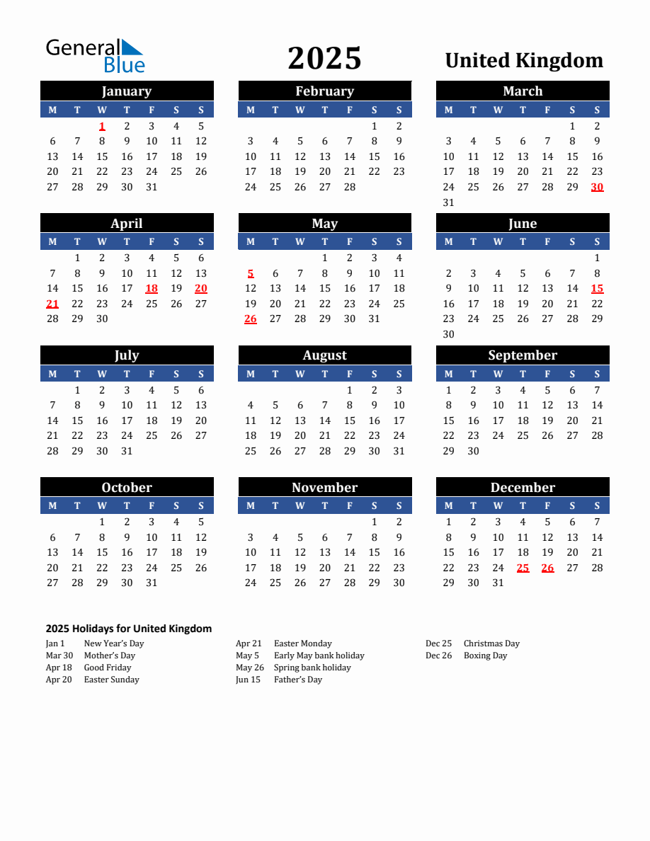 2025 United Kingdom Holiday Calendar