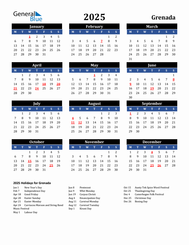 2025 Grenada Holiday Calendar