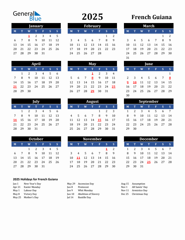 2025 French Guiana Holiday Calendar