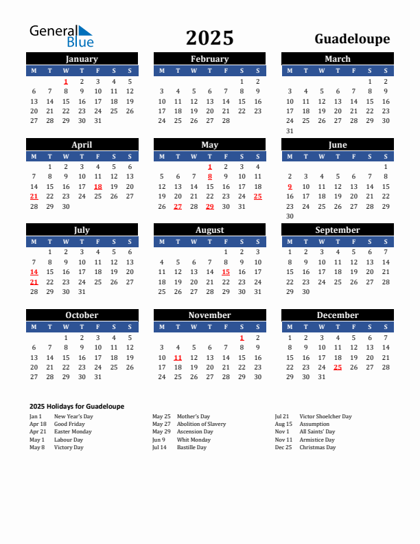 2025 Guadeloupe Holiday Calendar