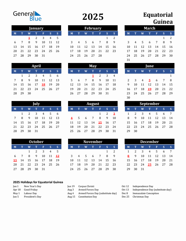 2025 Equatorial Guinea Holiday Calendar