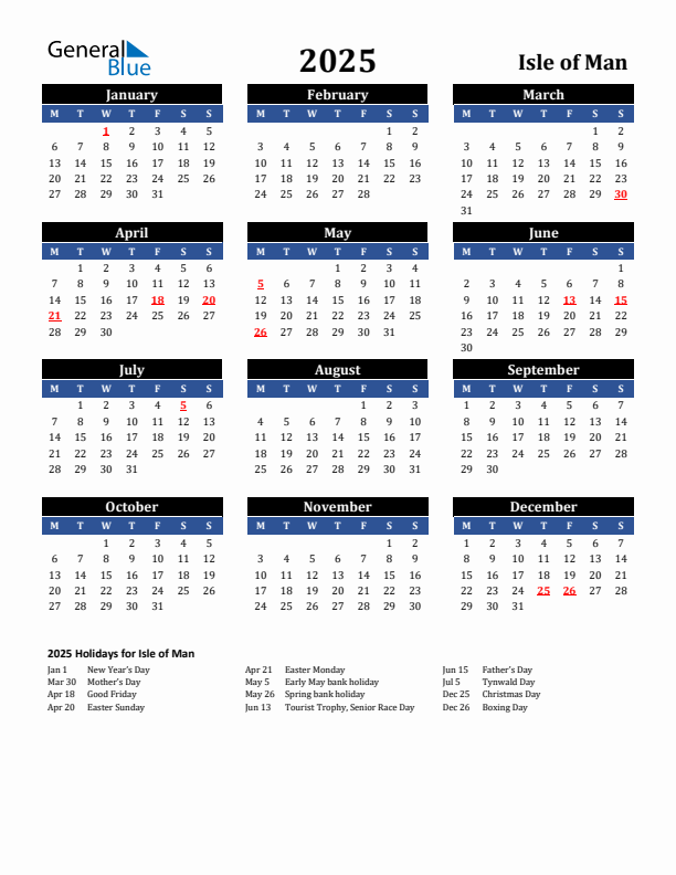 2025 Isle of Man Holiday Calendar