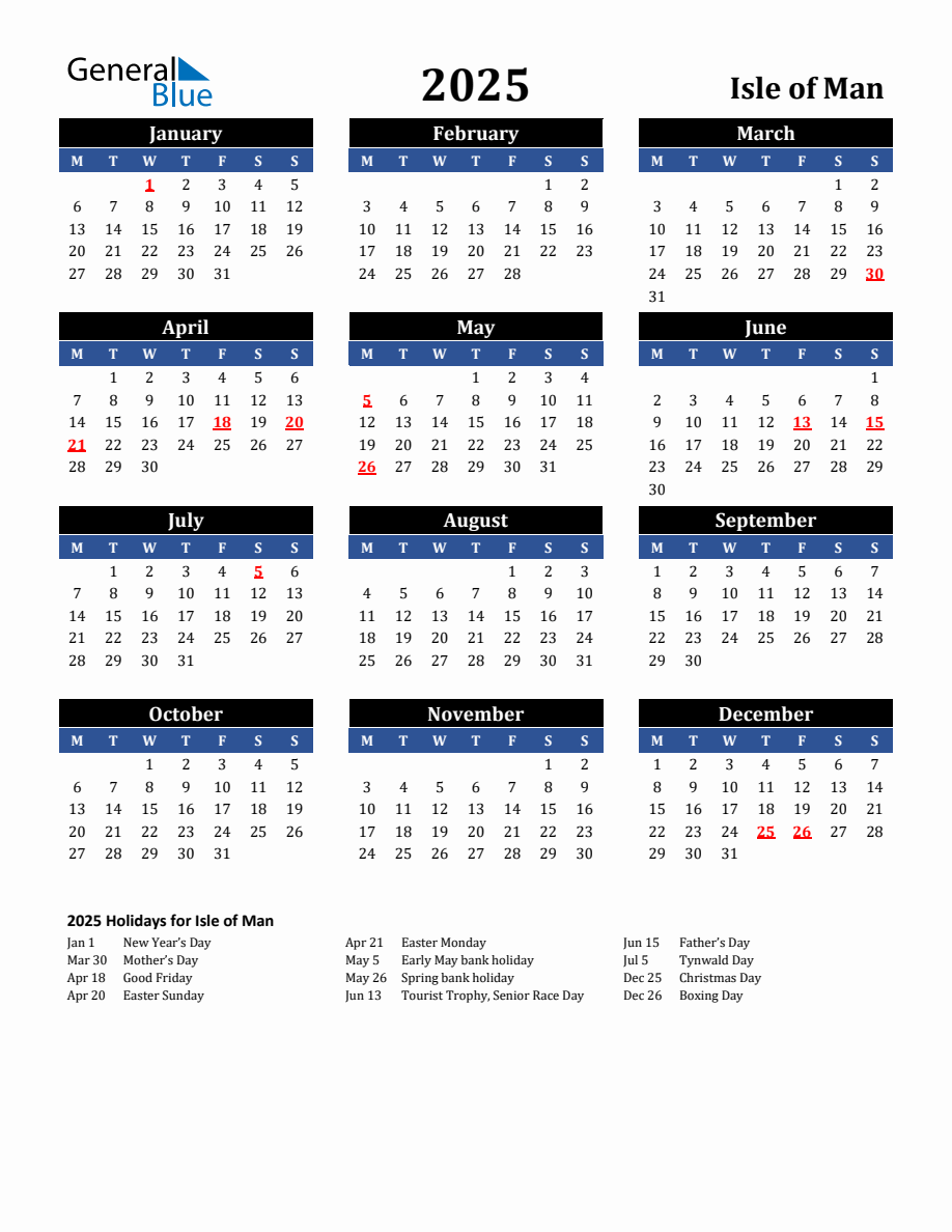 2025 Isle of Man Holiday Calendar