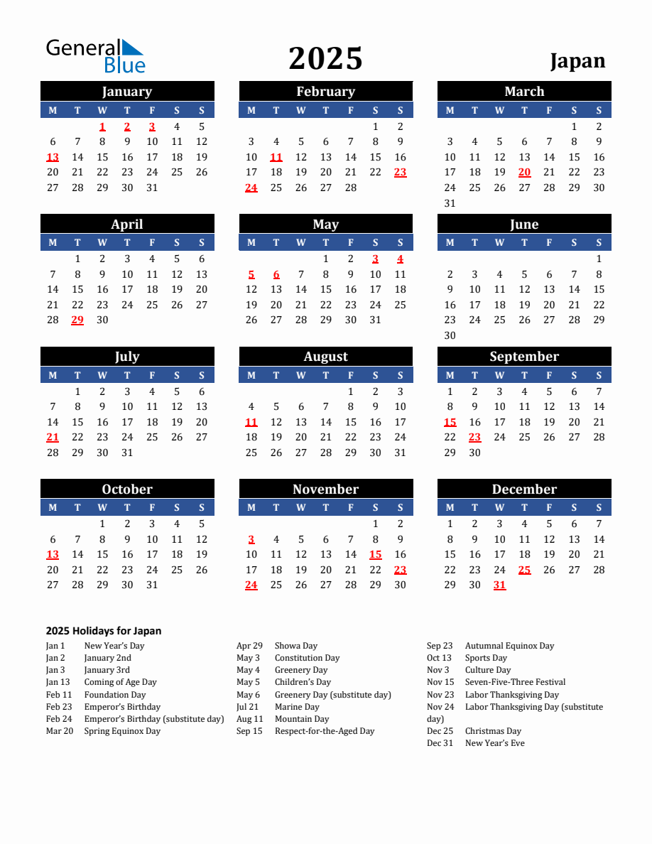 2025 Japan Holiday Calendar