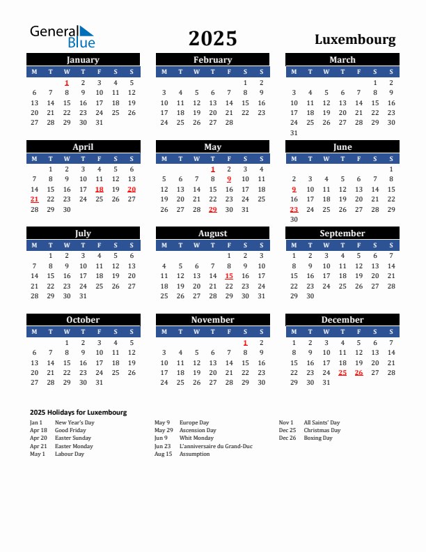 2025 Luxembourg Holiday Calendar