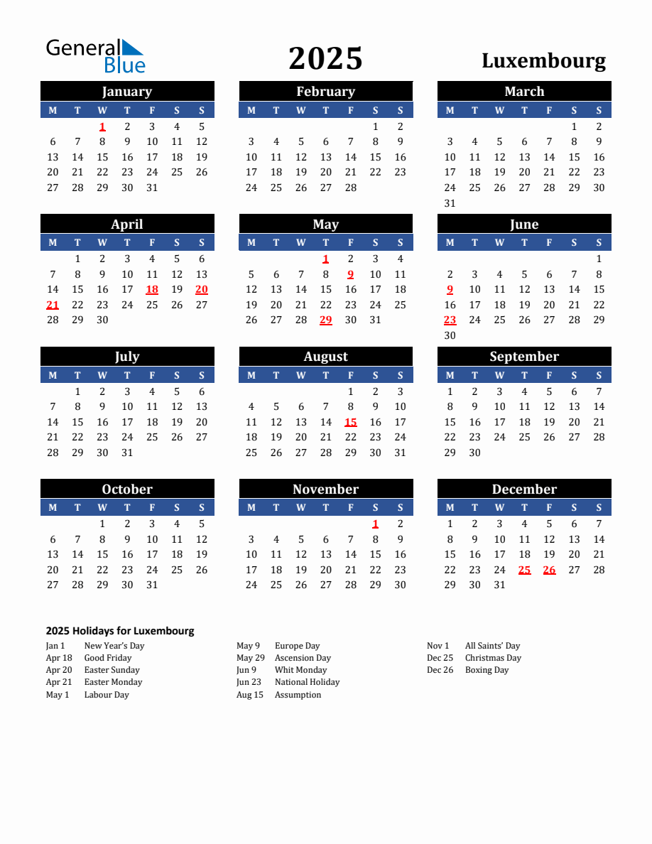 2025 Luxembourg Holiday Calendar