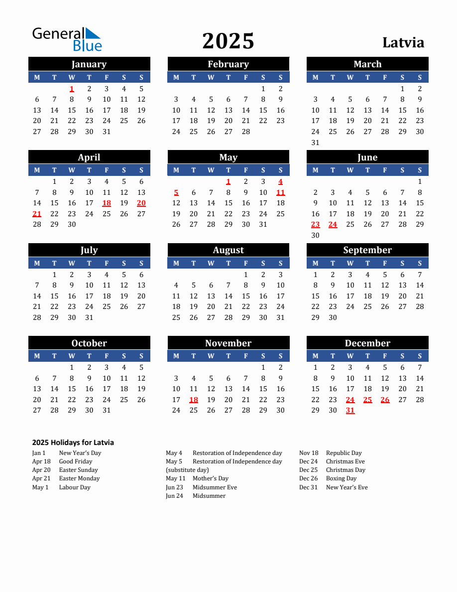 2025 Latvia Holiday Calendar