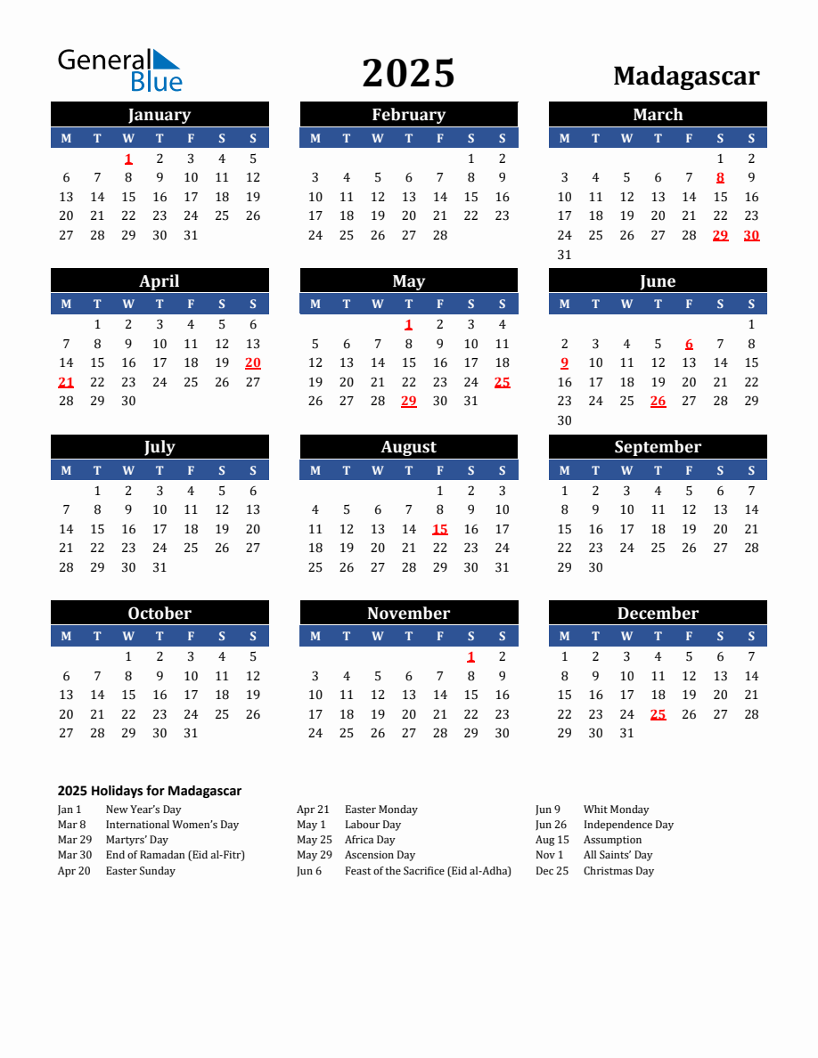 2025 Madagascar Holiday Calendar