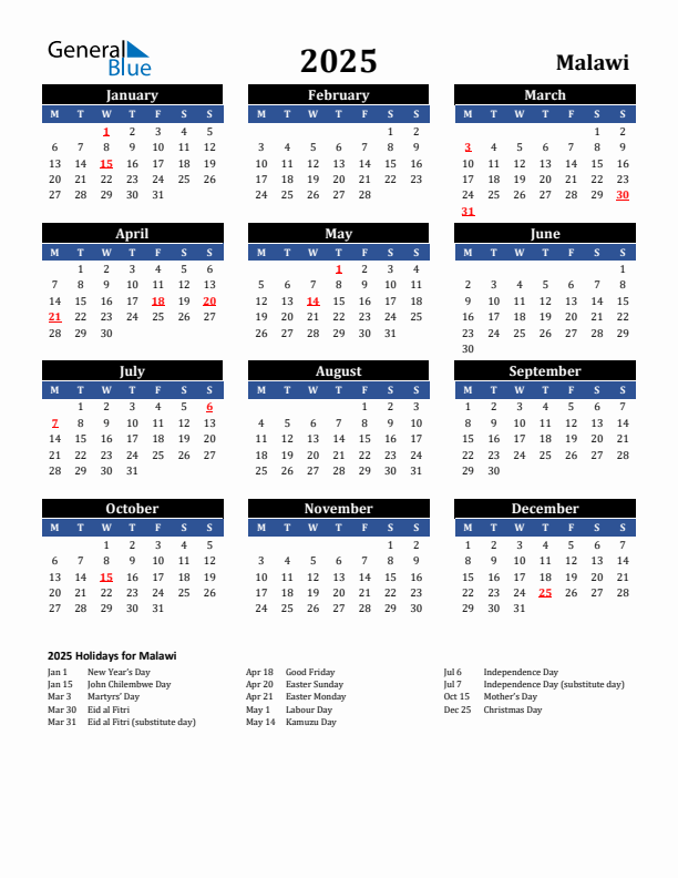 2025 Malawi Holiday Calendar