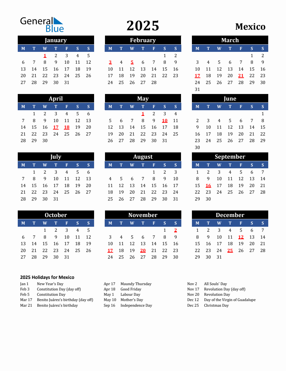 2025 Mexico Holiday Calendar