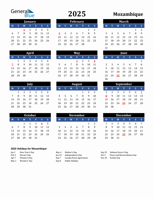 2025 Mozambique Holiday Calendar